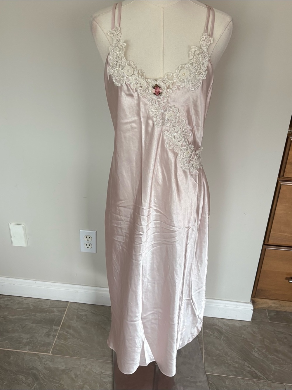 Vtg California Dynasty Pink Slip Dress Satin Lace Embroidered Pearl Long Sz M